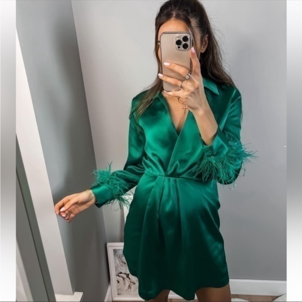 Zara | Dresses | Zara New Feather Satin Effect Dress Green | Poshmark
